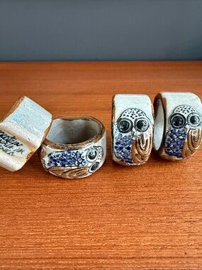 Handmade Owl Ceramic Napkin Rings - Blue and Brown Set of 4 Tonala handmade